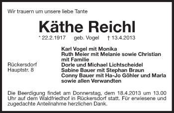 Traueranzeige von Käthe Reichl von Pegnitz-Zeitung